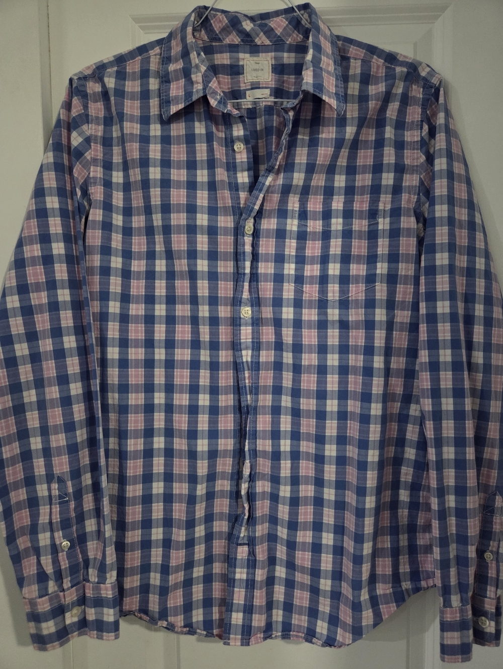 GAP Men's Pink and Blue Plaid Button-Down Shirt